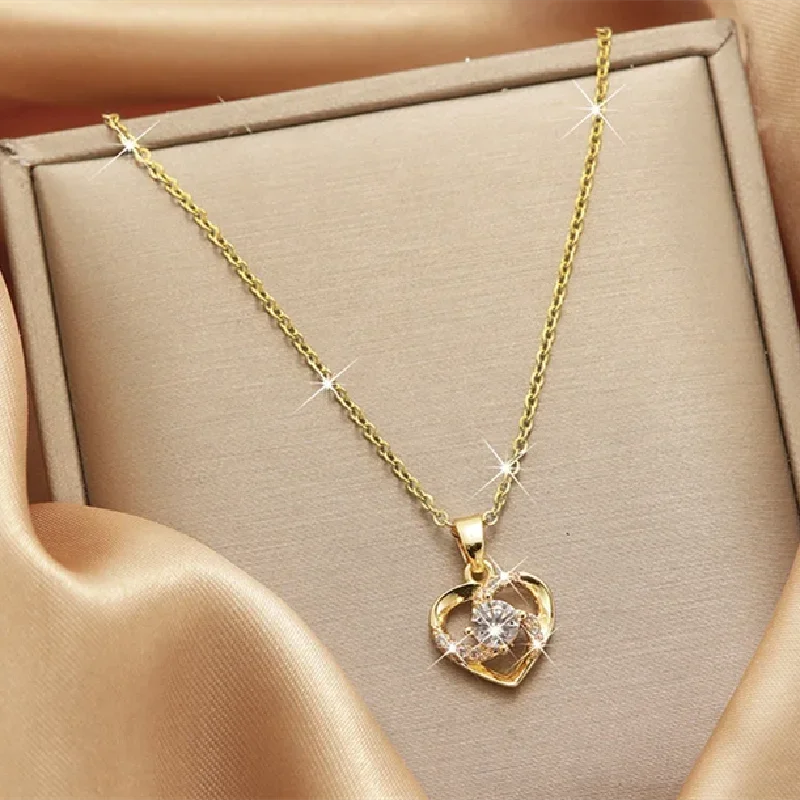 1 Pcs Light Luxury Cool Style Love Heart Collection Gold Plated Copper Pendant Necklace With Stainless Steel Chain
