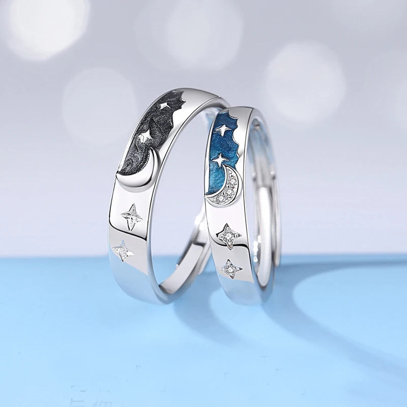 European Enamel AAA CZ Star and Moon Couple Adjuatble Ring For Women Men Birthday Valentine's Day Jewelry
