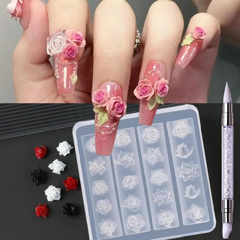 1pc rose flower 3D Acrylic Nail Mold Hand Engraving Mold Nail Art Decorations Silicone Nail Art