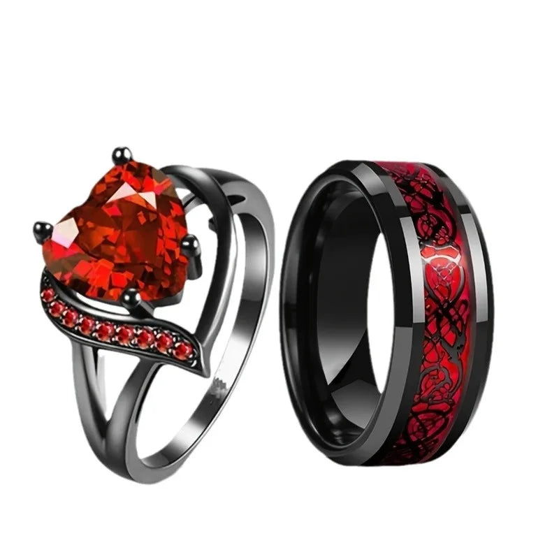Charm Couple Rings For Men Stainless Steel Celtic Dragon Ring Heart Red Zircon Women Wedding Rings Set Valentine's Day Jewelry