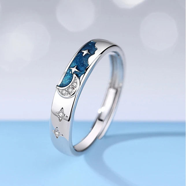 European Enamel AAA CZ Star and Moon Couple Adjuatble Ring For Women Men Birthday Valentine's Day Jewelry