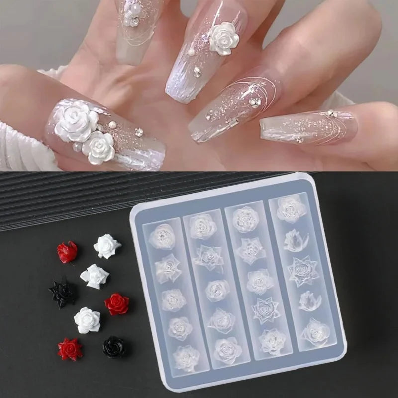 1pc rose flower 3D Acrylic Nail Mold Hand Engraving Mold Nail Art Decorations Silicone Nail Art