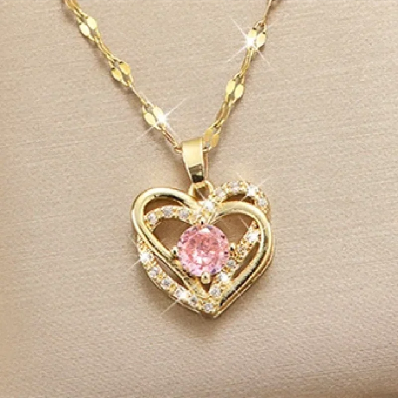 1 Pcs Light Luxury Cool Style Love Heart Collection Gold Plated Copper Pendant Necklace With Stainless Steel Chain