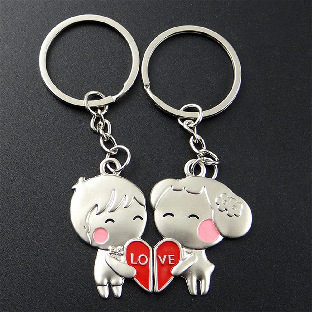2pcs Cute Metal Cartoon Doll Heart Keychain Romantic Love Letter Couple Keyring For Women Men Valentine'S Day Gifts