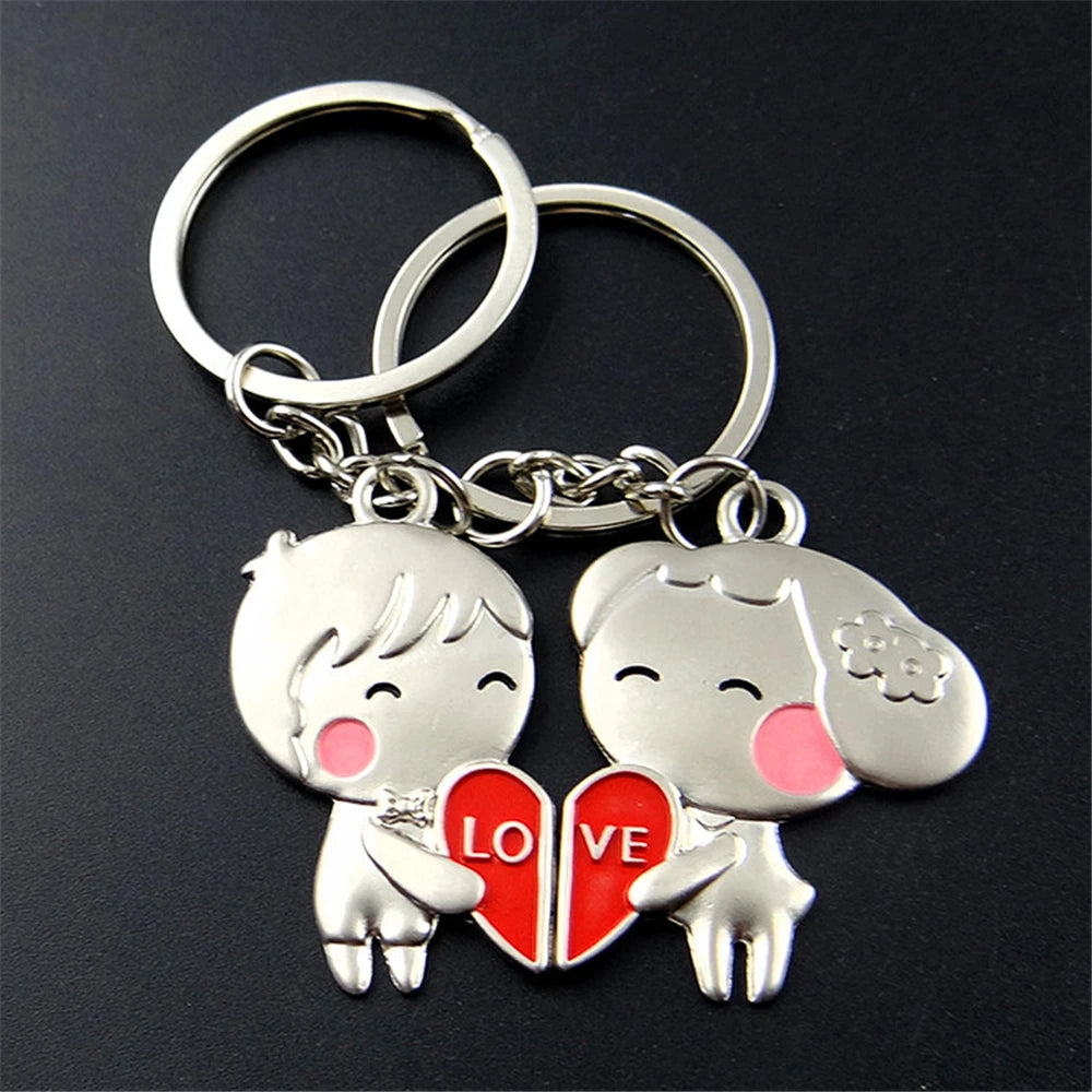 2pcs Cute Metal Cartoon Doll Heart Keychain Romantic Love Letter Couple Keyring For Women Men Valentine'S Day Gifts