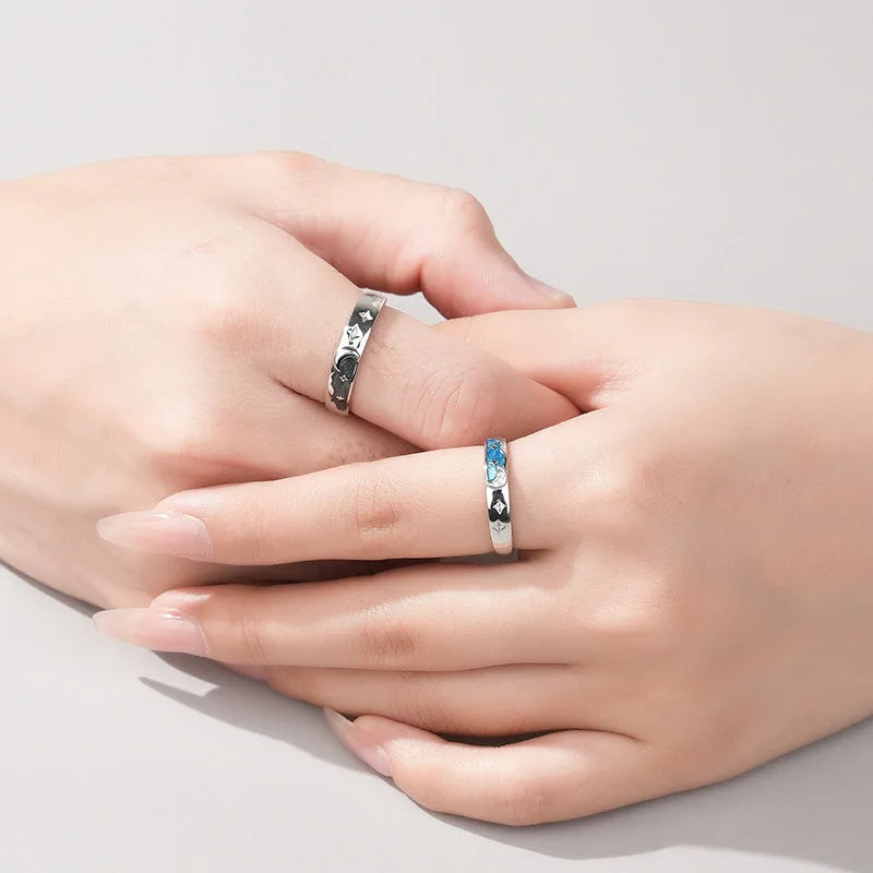 European Enamel AAA CZ Star and Moon Couple Adjuatble Ring For Women Men Birthday Valentine's Day Jewelry