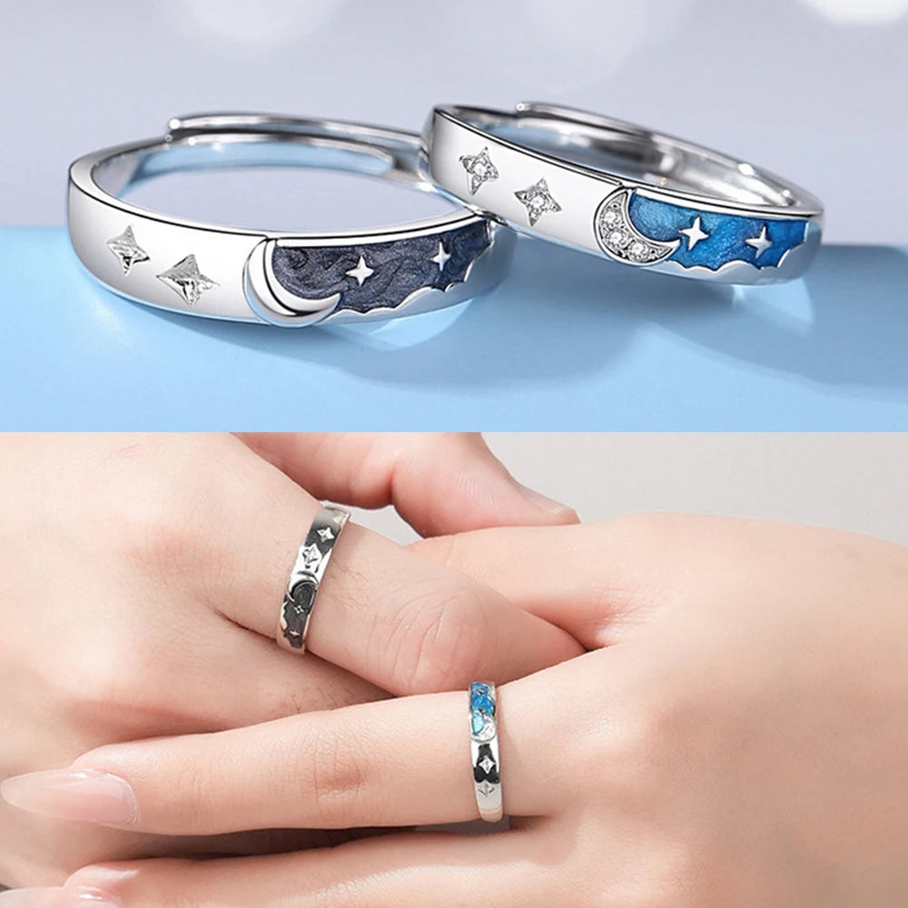 European Enamel AAA CZ Star and Moon Couple Adjuatble Ring For Women Men Birthday Valentine's Day Jewelry